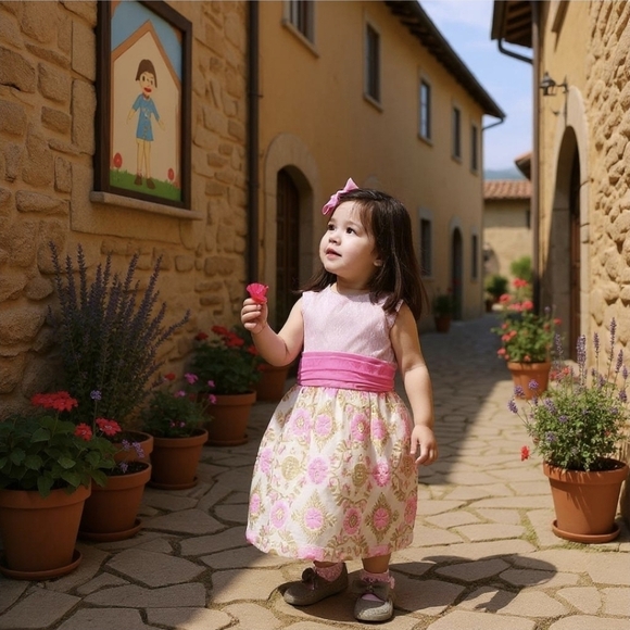 Truly Scrumptious ✦ Pink & Gold Floral Party Dress ✦ Toddler 24M w/ Bow-Tie Back - Picture 3 of 13